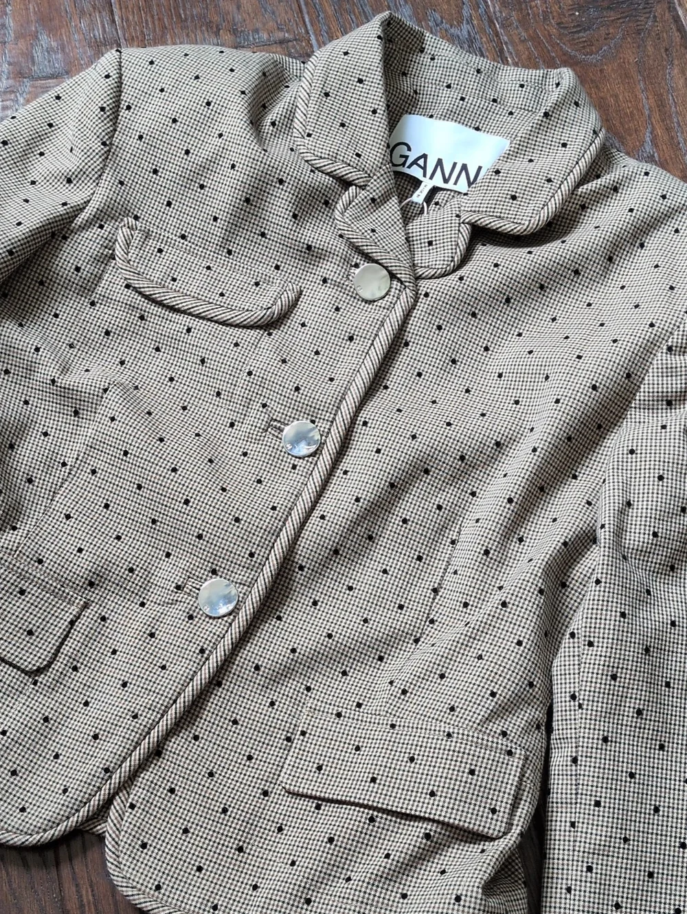 GANNI I NWT Brown & Black Lenzing Tiger's Eye Check Polka Dot Pattern Blazer, 38